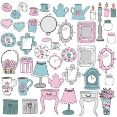 set with vintage objects on white background
