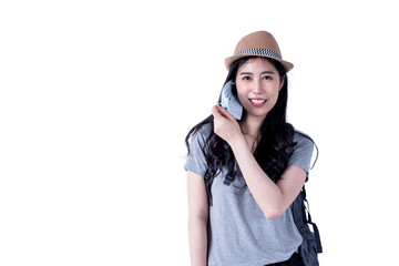 Asian attractive woman tourists Using her hand to open the medical mask to show smile On white isolated background, to travel and health care concept.