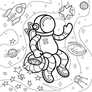 Coloring page Antistress, for children and adults. Comet, satellite, stars, planets, galaxy, rocket, space. The astronaut collects a star in a basket.