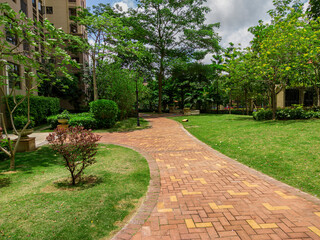 Recreational grass and sidewalks in a residential park