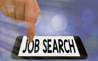Writing note showing Job Search. Business concept for an act of sourcing for job openings and apply for a position Modern gadgets white screen under colorful bokeh background