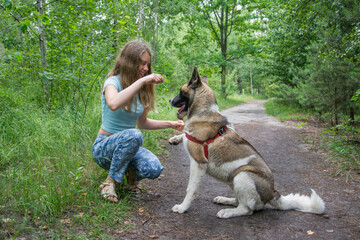 In the summer, in the forest, a girl trains a dog.