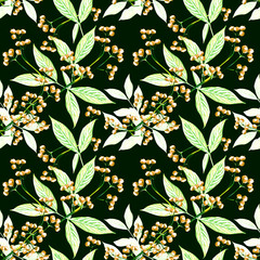Leaves and berries, watercolor art, seamless pattern.