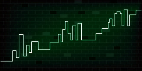 Concept of  real estate business and properties market price growth. Design by green neon light look like chart of value rising up with homes and condiminium buildings on black brick wall. Vector