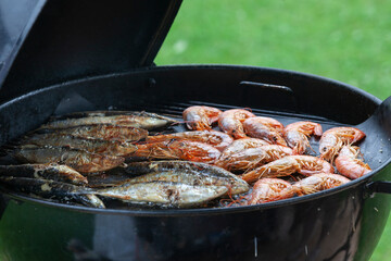 Barbacoa de carbón con pescado y marisco visto de muy cerca y en exteriores