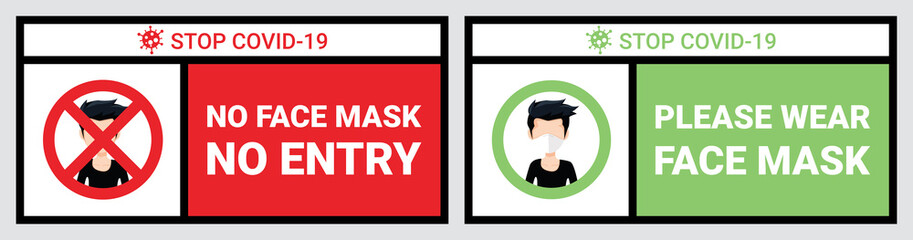 No face mask, No entry to protect and prevent from Coronavirus or Covid-19. Warning sign vector for use to notice to people or visiter beware and wear face mask before enter the stores, supermarkets