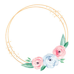 Watercolor geometric frame in circle shape with pastel flowers and leaves. Elegant illustration with place for text. Gold glitter line art. Template for invitation, wedding or greeting cards.