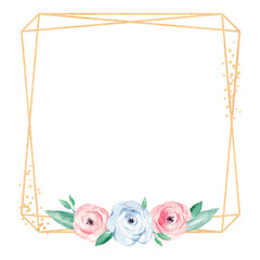 Watercolor geometric frame in square shape with pastel flowers and leaves. Elegant illustration with place for text. Gold glitter line art. Template for invitation, wedding or greeting cards.
