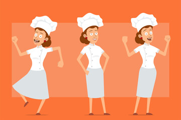 Cartoon flat funny chef cook woman character in white uniform and baker hat. Girl showing strong muscles, jumping and dancing. Ready for animation. Isolated on orange background. Vector set.