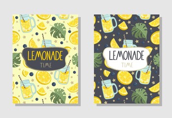 Set of cards "Lemonade" with fresh Lemon, Leaves and flowers. Vector illustration.
Printing on fabric, paper, postcards, invitations.
