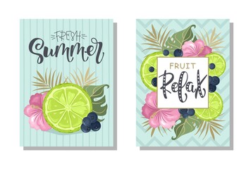 Set of cards "Fresh Summer" with fresh Lemon, Leaves and flowers. Vector illustration.
Printing on fabric, paper, postcards, invitations.
