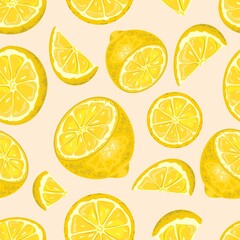 Seamless pattern with fresh Lemon. Leaves and berries. Vector illustration.
Printing on fabric, paper, postcards, invitations.
