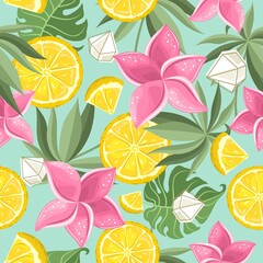 Seamless pattern with fresh Lemon, tropical leaves, flowers, slices and geometry.Label, banner advertising element.
Vector illustration. Printing on fabric, paper, postcards, invitations.