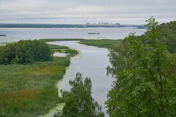 View of the Voronezh reservoir from the right bank on a summer morning