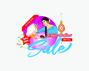 Indian festival offer banner /greeting background concept for raksha bandhan with brother sister, sacred love band on beautiful geometrical backdrop