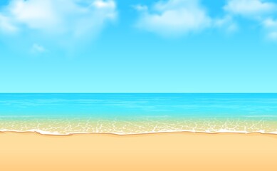 Vector landscape of the calm seashore and cloudy sky on a sunny summer day