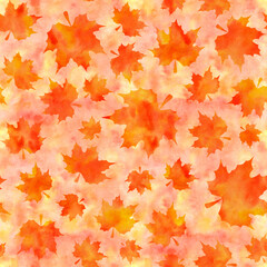 Naklejka na ściany i meble Watercolor orange maple leaves on yellow watercolor background. Seamless pattern. Hand-painted texture. Watercolor stock illustration. Design for backgrounds, wallpapers, textile, covers and packaging