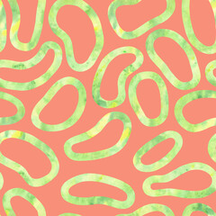 Watercolor yellow-green rings and ellipses on coral background. Seamless pattern. Hand-painted texture. Watercolor stock illustration. Design for backgrounds, wallpapers, textile, covers and packaging