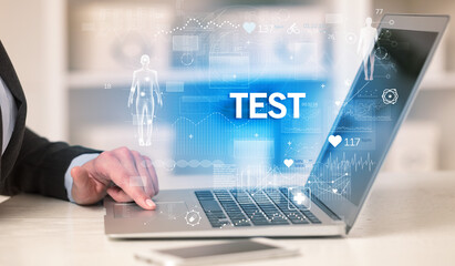 Doctor working a health check with TEST inscription, recording medical test results