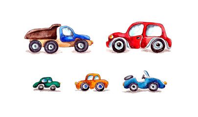 watercolor illustration set of children's toy cars. isolated on a white background.