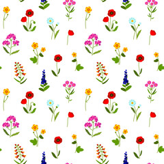 Meadow wildflowers colorful seamless pattern. Summer design with chamomile, yarrow, lavender, snapdragon, poppy, buttercup for textile, fabric, wrapping paper, prints. Vector illustration