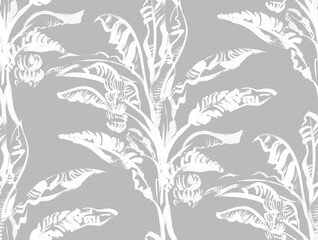 seamless pattern with a banana palm with tropical leaves drawn with a dry brush in two colors