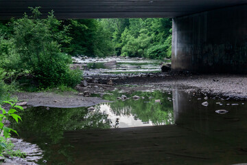 trees, river and stones under a motorway bridge. Reflection in water