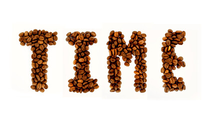 The word time made up of coffee beans