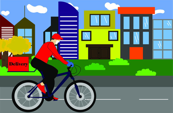 Entrega a domicilio. el hombre en bicicleta se dirige a realizar una entrega, respetando los nuevos est&aacute;ndares de salud y el distanciamiento social, con edificios y parques en el fondo