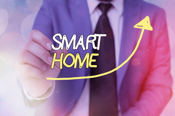 Text sign showing Smart Home. Business photo showcasing equipped home can be controlled remotely by...