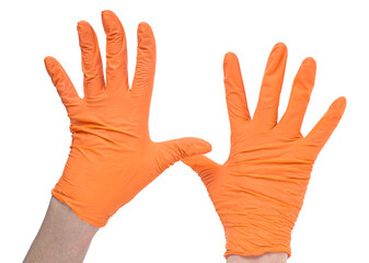 Medical gloves. Hands of a medic wearing a orange latex gloves. Surgical glove. Covid-19 prevention concept.