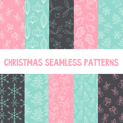 Cute Christmas vector seamless patterns. Endless texture for wallpaper, web page background, wrapping paper. Flat style.