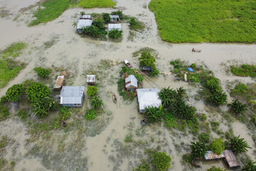 Aerial view farmlands in flood water.