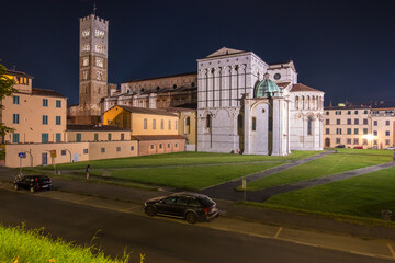 Cathedral of San Martino in Lucca at night, Tuscany, Italy