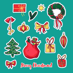 Vector collection of Christmas stickers in cartoon style. Part of big set. New Year elements for scrap-booking. Hand drawn cute vector illustration.