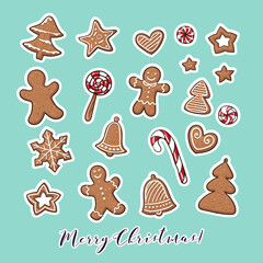 Vector collection of Christmas stickers in cartoon style. Part of big set. New Year elements for scrap-booking. Hand drawn cute vector illustration.