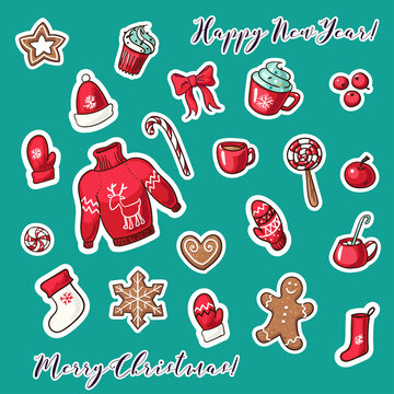 Vector collection of Christmas stickers in cartoon style. Part of big set. New Year elements for scrap-booking. Hand drawn cute vector illustration.