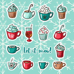 Vector collection of Christmas stickers in cartoon style. Part of big set. New Year elements for scrap-booking. Hand drawn cute vector illustration.