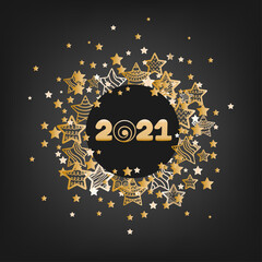 Happy new year 2021! Vector numbers with gold starry decoration on a dark background. Illustration for a holiday dcor.