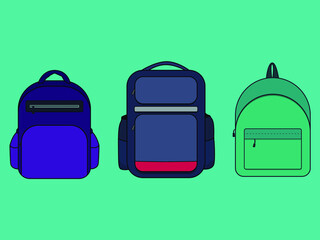 Briefcases, bags on a green background.Vector illustration. Back to school.