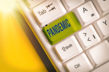Writing note showing Pandemic. Business concept for occurring over a wide area affecting high...