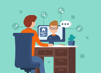 Modern coronavirus vector concept. A man sits at a computer and communicates with his friend so as not to go outside due to a virus. Covid-19. Digital illustration for sites and mobile applications.