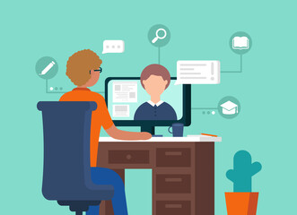 Modern vector concept of online learning on a green background. A man sits at a computer and study through video calling. Minimalist style. Digital illustration for sites and mobile applications.