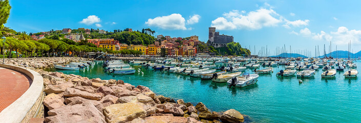 A panorama view along the promenade in Lerici, Italy in the summertime