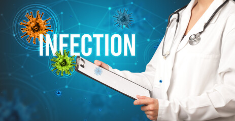 doctor prescribes a prescription with INFECTION inscription, pandemic concept