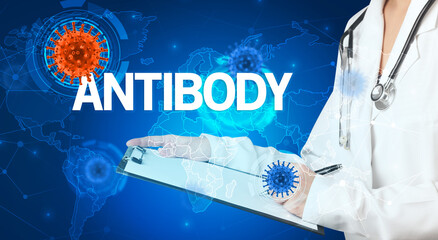 Doctor fills out medical record with ANTIBODY inscription, virology concept