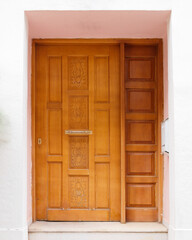 family house etrance natural wood door, Athens Greece