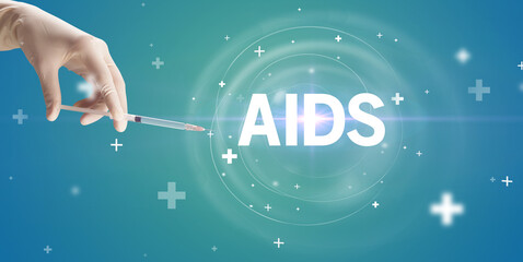 Syringe needle with virus vaccine and AIDS abbreviation, antidote concept