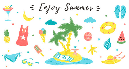 Summer collection elements, set of hand drawn illustrations. Palm, island, ice cream, watermelon, pineapple.