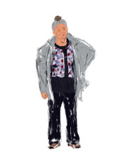 standing older woman in a gray jacket, patterned blouse and black trousers, with a bun on her head, digital drawing